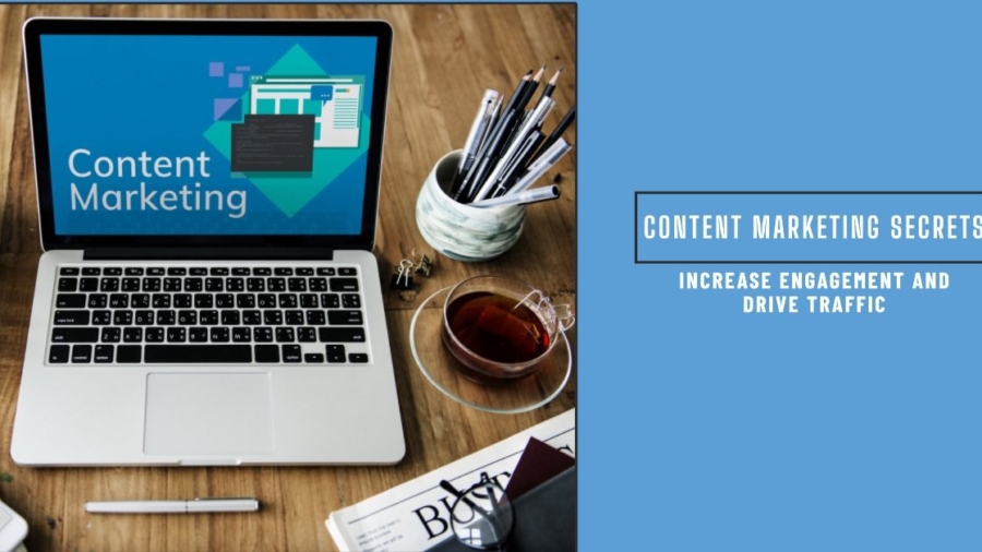 Content marketing strategies showing rising engagement metrics, SEO tools, and social media icons driving organic traffic.
