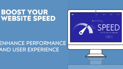 Digital illustration showing website speed optimization concept with speedometer graphic, navigation menu (Home, Gallery, Contact, About), and 'Enhance Performance' call-to-action button