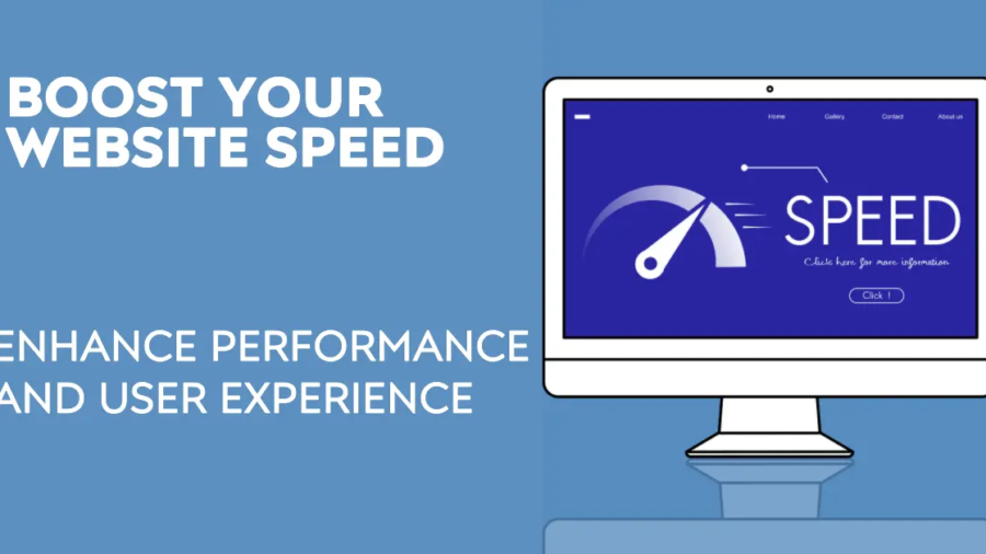 Digital illustration showing website speed optimization concept with speedometer graphic, navigation menu (Home, Gallery, Contact, About), and 'Enhance Performance' call-to-action button