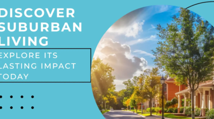 Stylized graphic featuring the text 'Discover Suburban Living' and 'Explore Its Lasting Impact Today' against a backdrop of tree-lined streets, modern homes, and community icons.